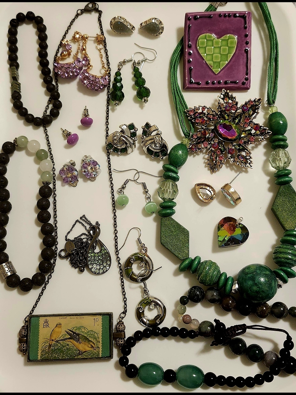 Green Beaded Statement Necklace with Heart Pendant